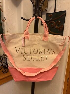 NWT Victoria's Secret Cream and Pink Canvas Tote with Gold Logo